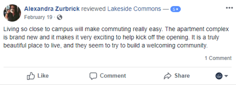 A review for Lakeside Commons student only apartments